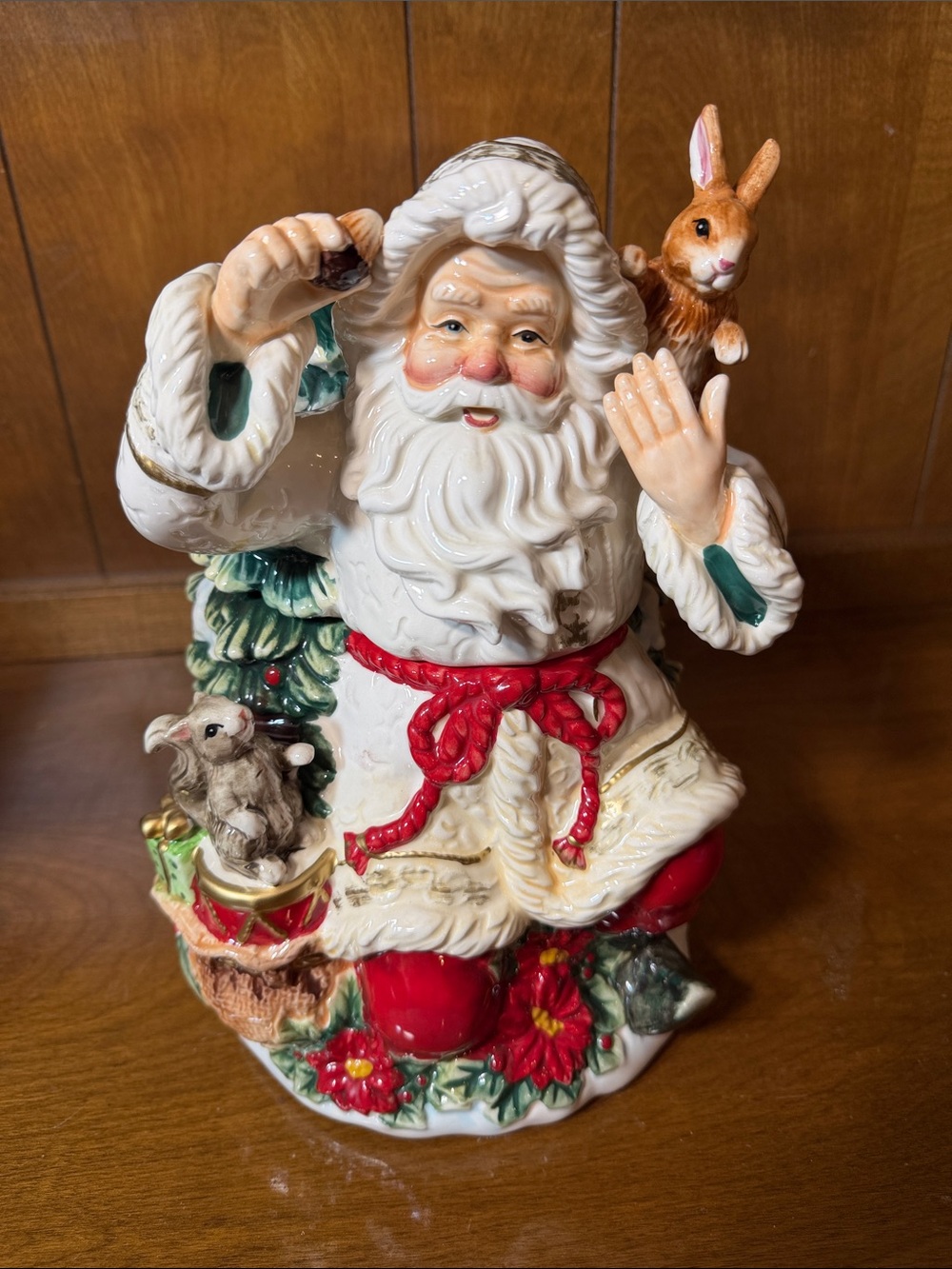 CR Hand-Painted White and Red Santa Cookie Jar with Bunny Accent